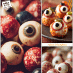 Halloween party display of mozzarella salami eyeballs styled as spooky appetizers